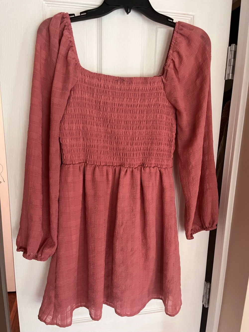 Smocked Square Neck Long Sleeve Dress - Dusty Rose